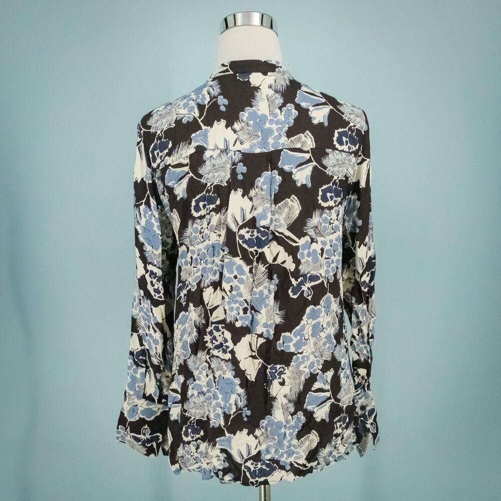 Reiss Size 0 Mika Black Blue Floral Print Collarless Button Front Top Blouse - Picture 3 of 7